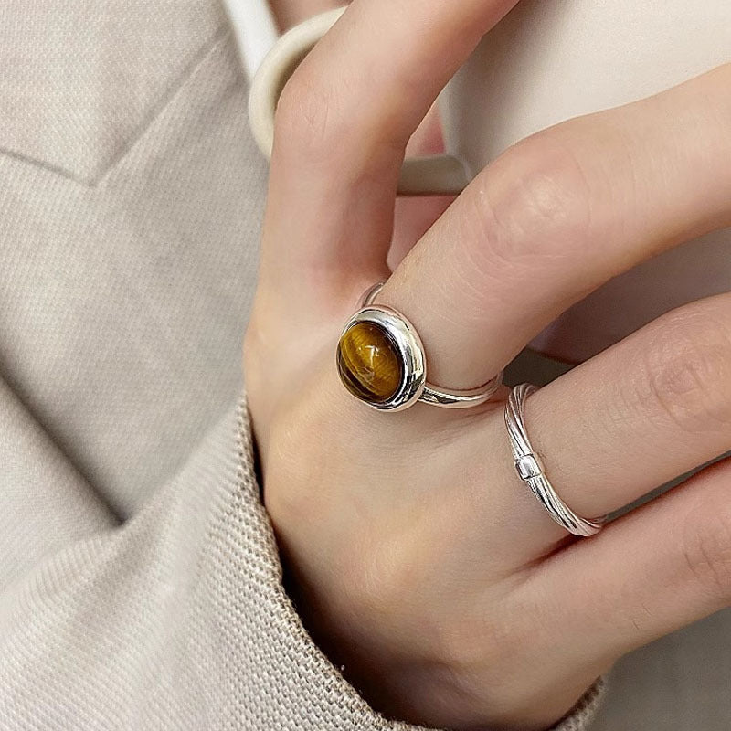925 sterling silver tiger eye stone opening ring - silvery