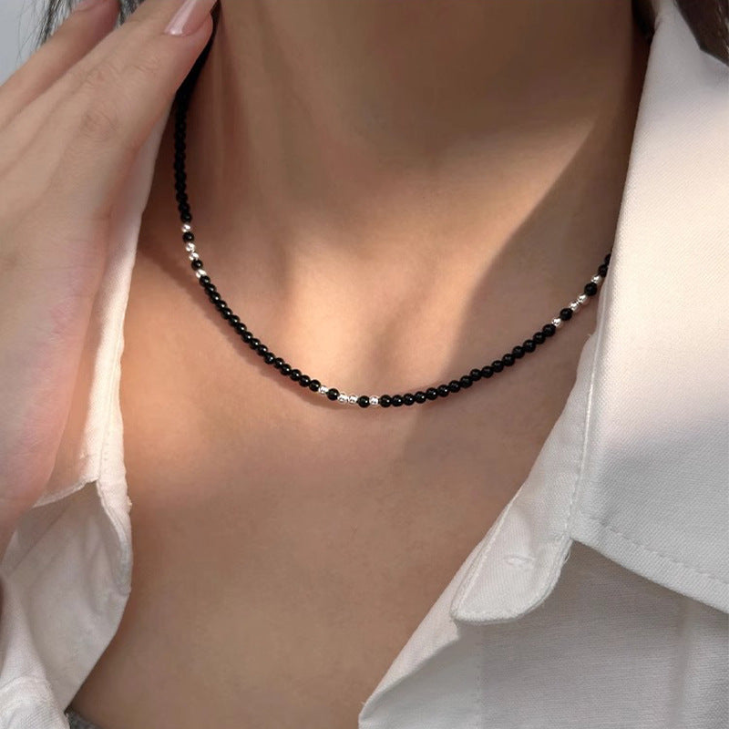 S925 sterling silver black agate bead necklace