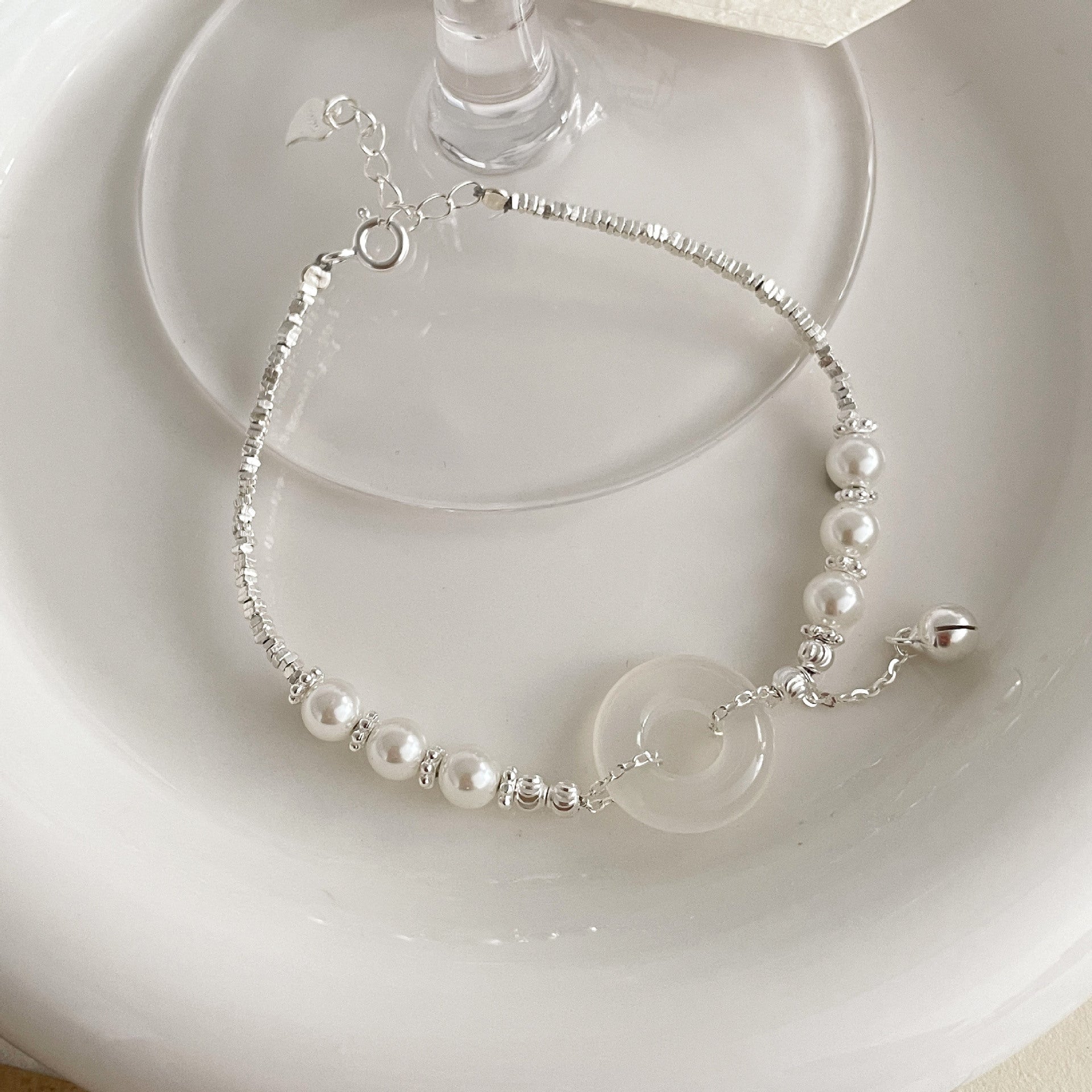925 sterling silver white jade marrow bracelet - silvery