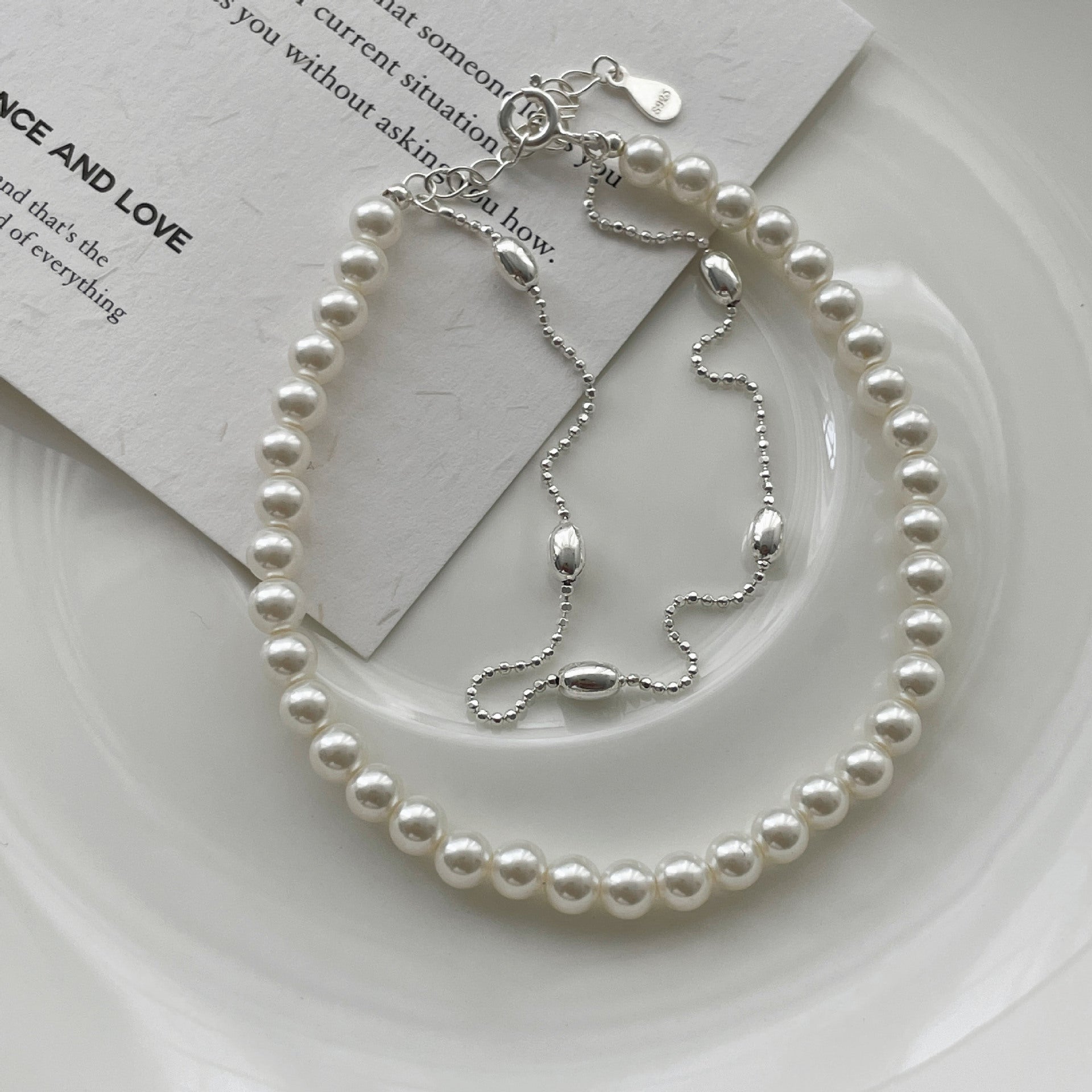 S925 sterling silver imitation pearl double-layer bracelet