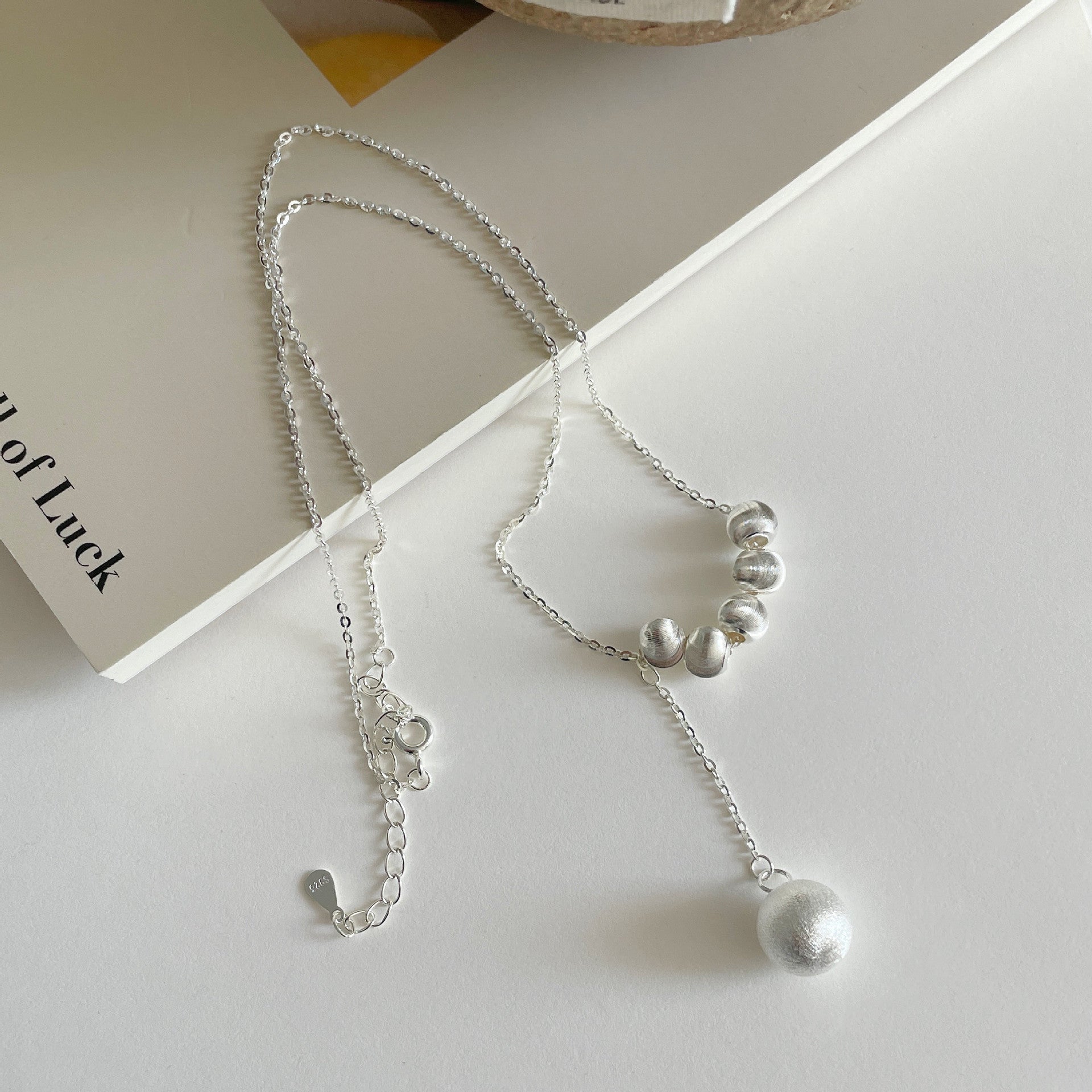 S925 sterling silver round bead tassel pendant necklace - silvery