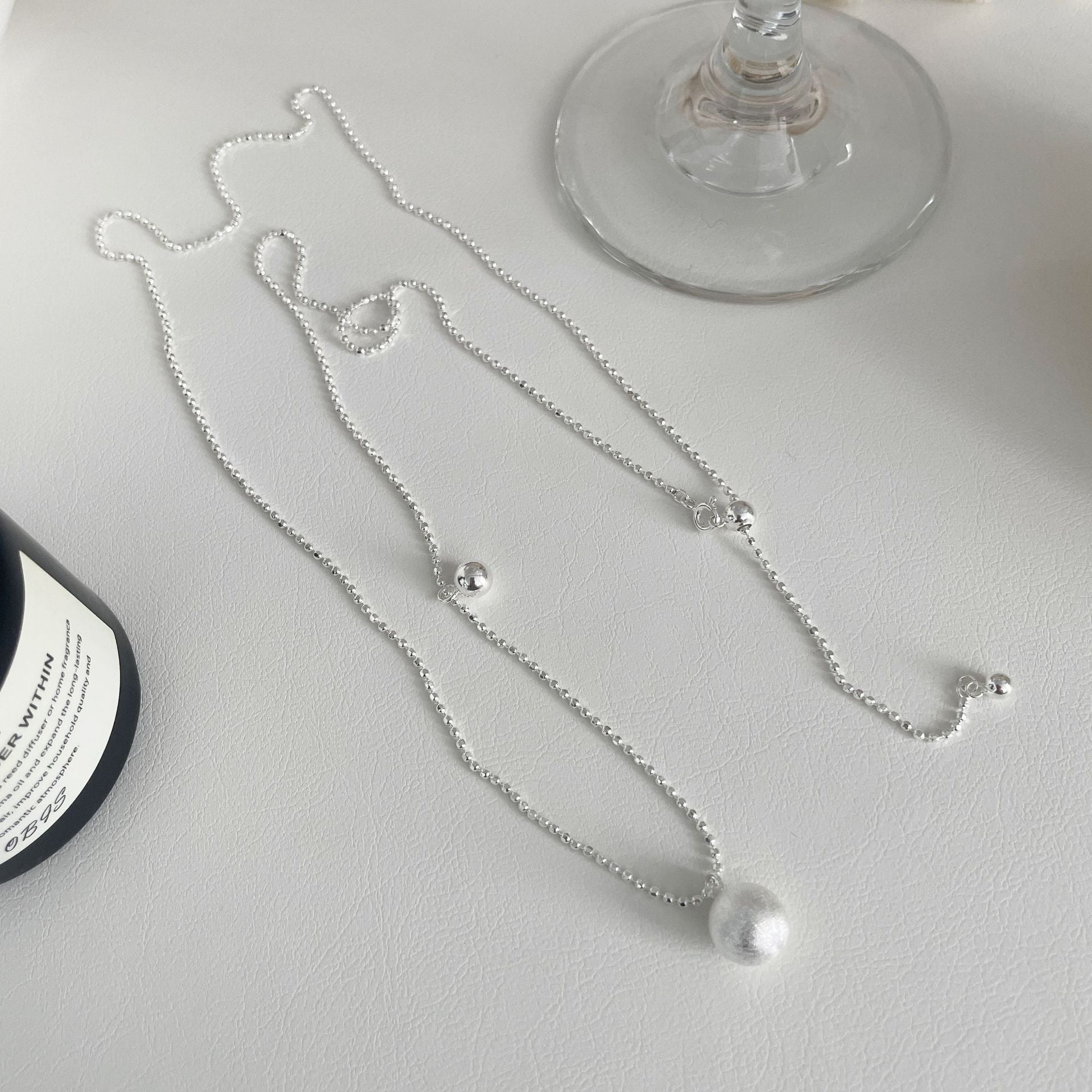 S925 sterling silver round ball pendant long necklace