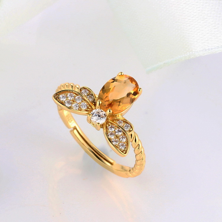 S925 Sterling Silver Plated with Golden Crystal Bee Ring