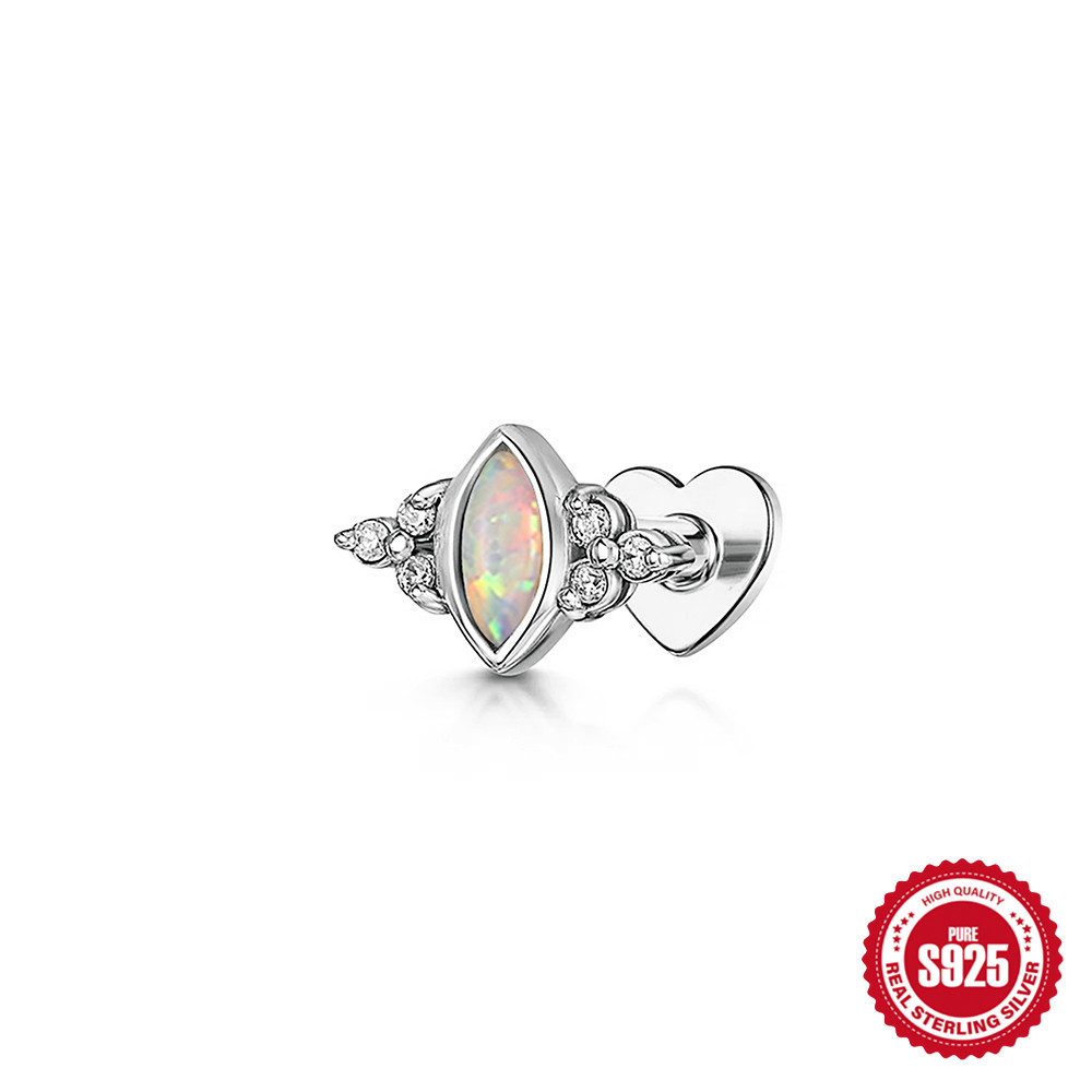 S925 Sterling Silver Heart-Shaped Stud Earrings with Marquise-Cut Zirconia and Flat-Back Threaded Posts