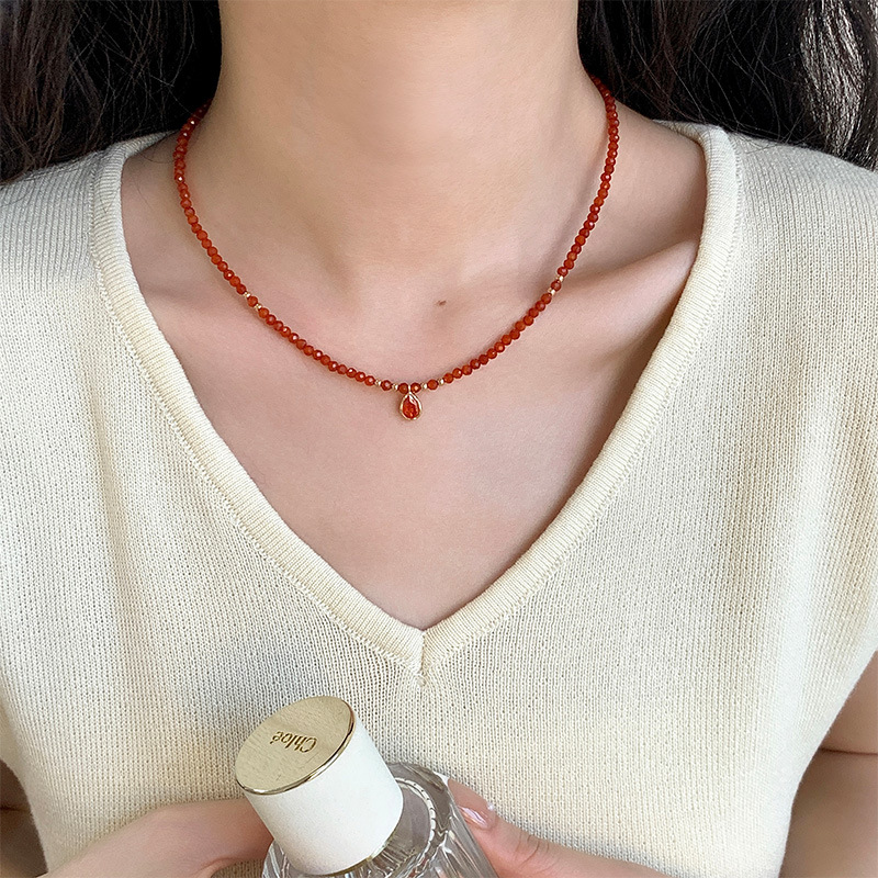 925 sterling silver red agate necklace - champagne golden