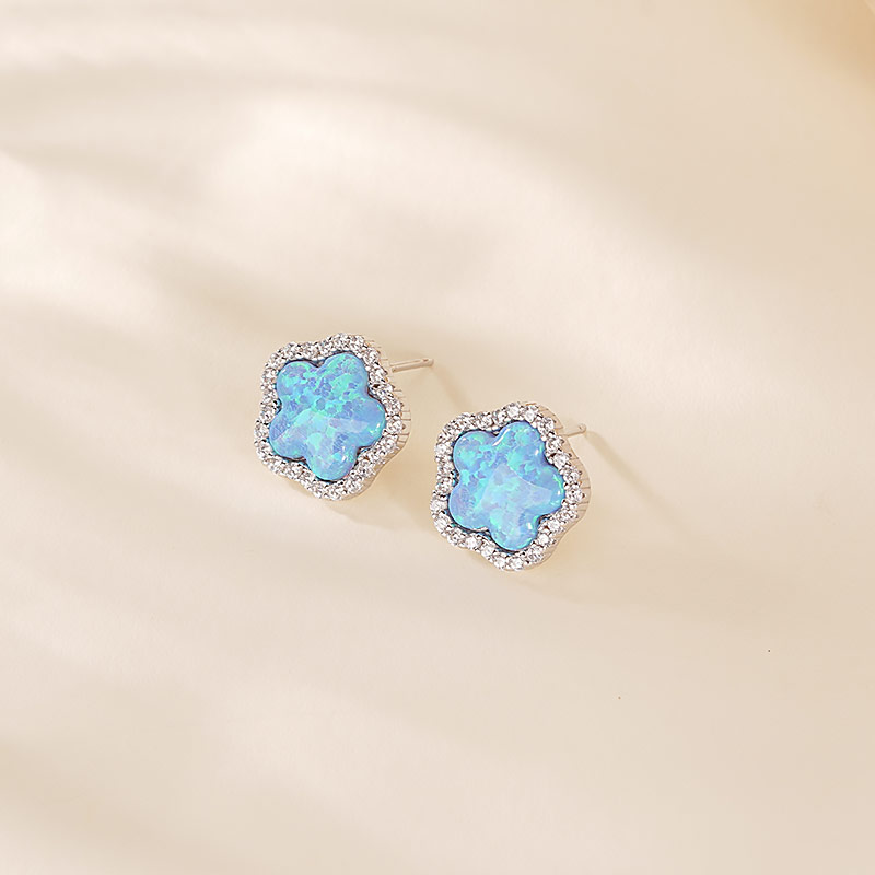 925 Sterling Silver Floral Stud Earrings with Opal and Zirconia