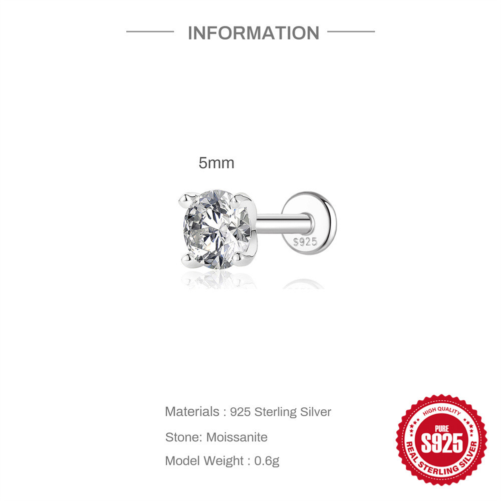 S925 Sterling Silver 4-Prong Flat-Back Moissanite Stud Earring