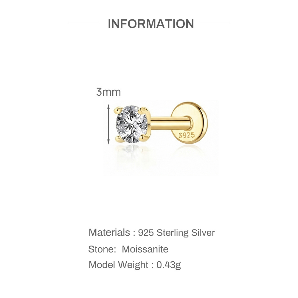 S925 Sterling Silver 4-Prong Flat-Back Moissanite Stud Earring