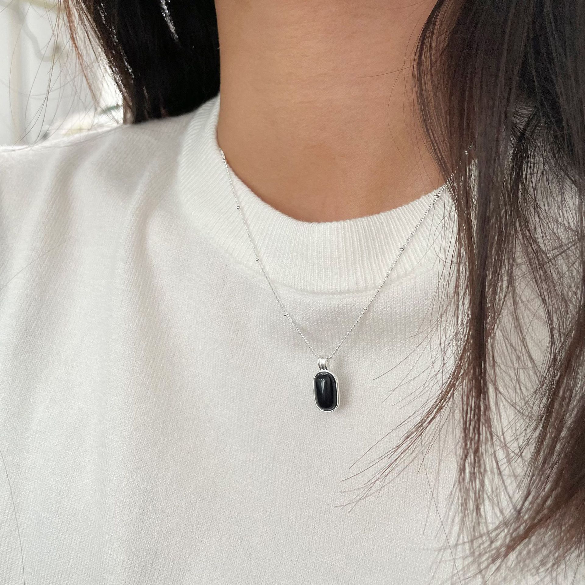 925 sterling silver black agate pendant necklace - silvery