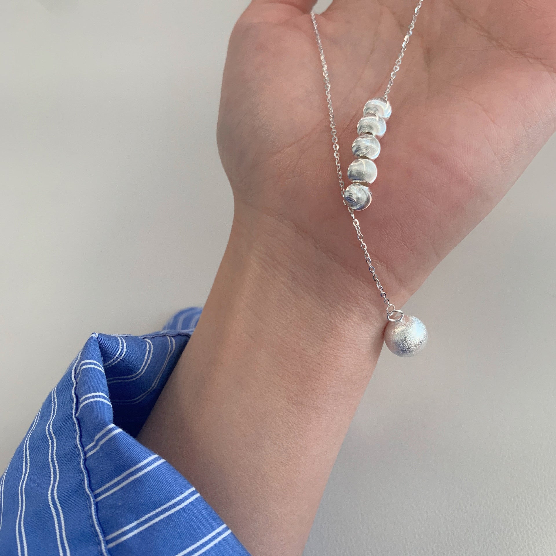 S925 sterling silver round bead tassel pendant necklace - silvery