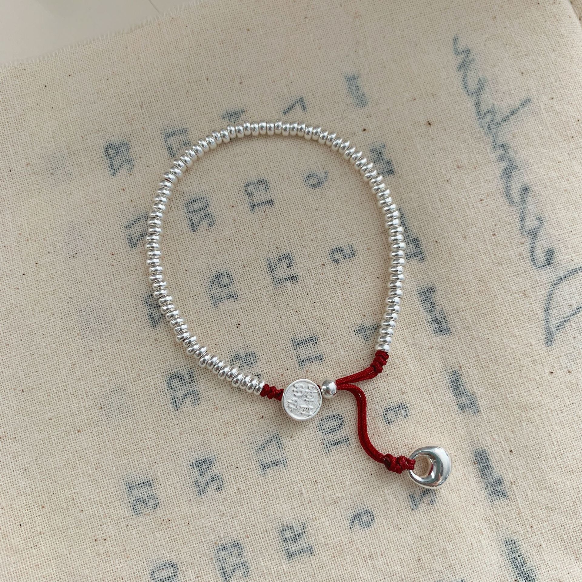 S925 sterling silver bead red string bracelet