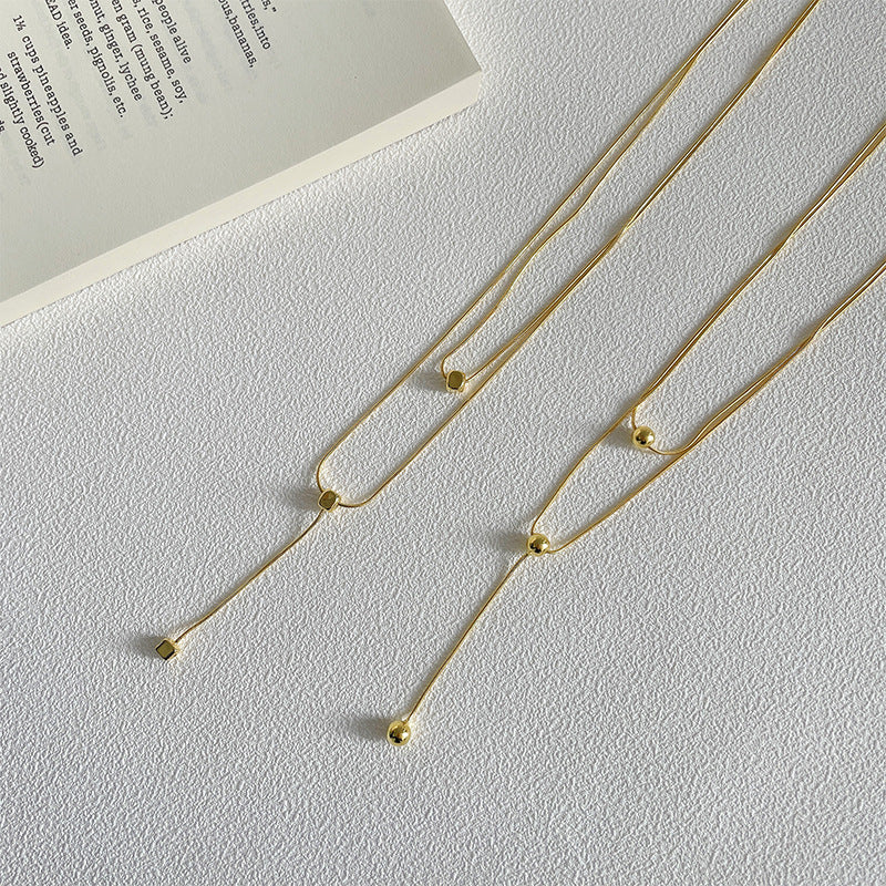 S925 sterling silver double-layer long necklace - golden