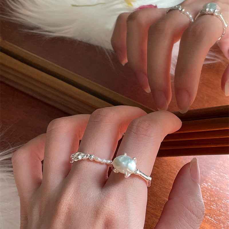 925 sterling silver Baroque pearl ring - silvery