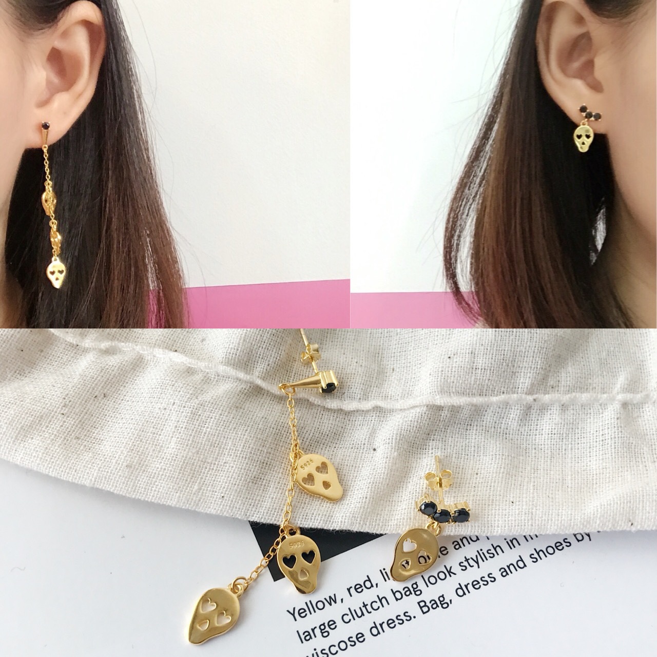 S925 Sterling Silver Gold-Tone Skull Halloween Earrings