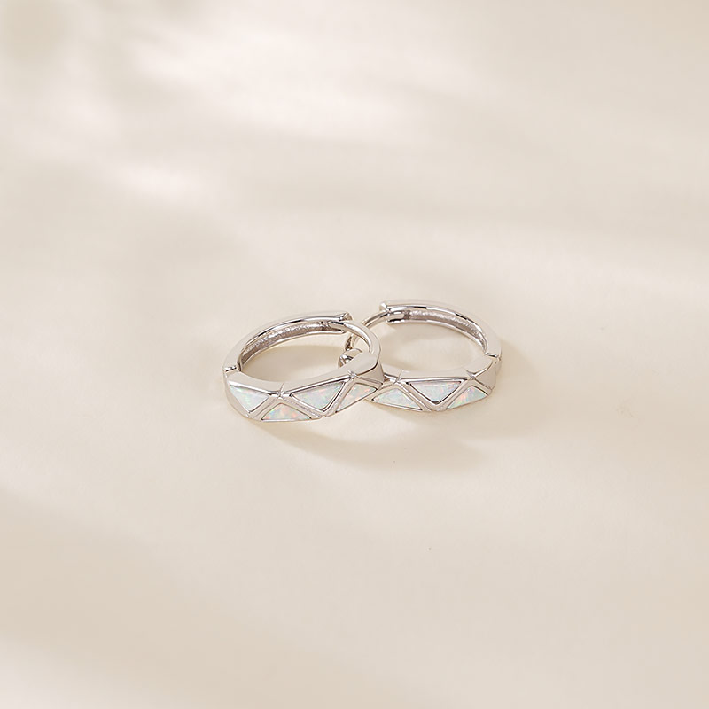 925 Sterling Silver Geometric Opal Hoop Earrings