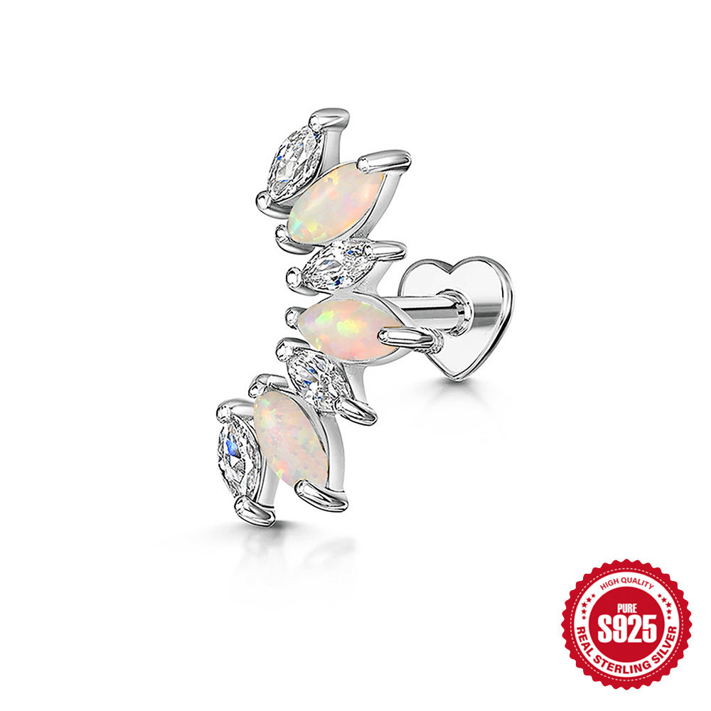 S925 Sterling Silver Heart-Shaped Stud Earrings with Marquise-Cut Zirconia and Flat-Back Threaded Posts