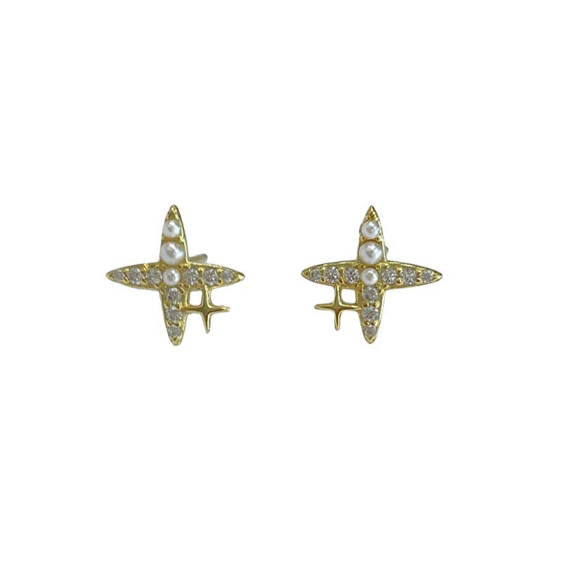 925 sterling silver four pointed star earrings - golden