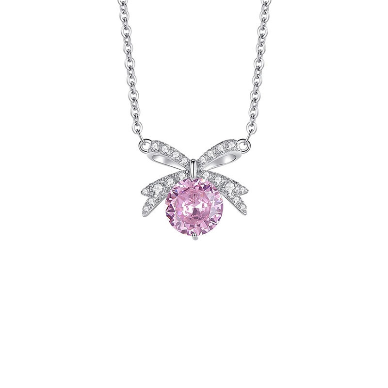 925 sterling silver bowknot with sparkling zirconium pendant necklace - silvery
