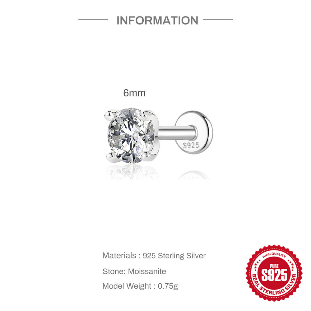 S925 Sterling Silver 4-Prong Flat-Back Moissanite Stud Earring
