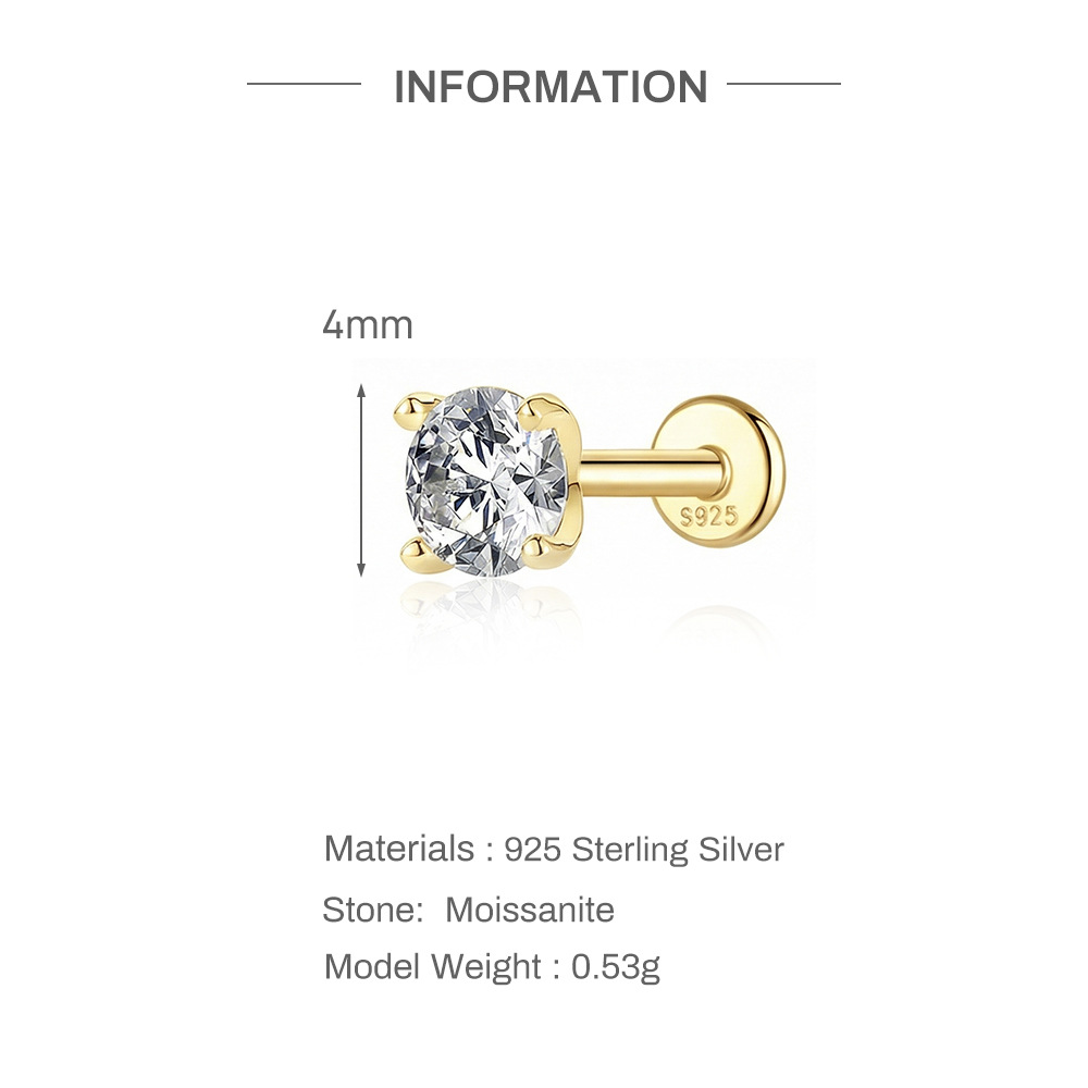 S925 Sterling Silver 4-Prong Flat-Back Moissanite Stud Earring