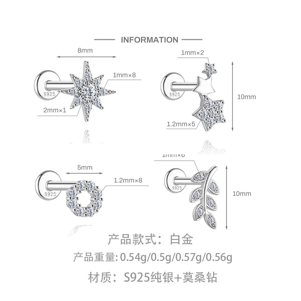 S925 Sterling Silver Moissanite Ear Stud: Starburst, Heart, Pentagram, Butterfly, and Eye Designs
