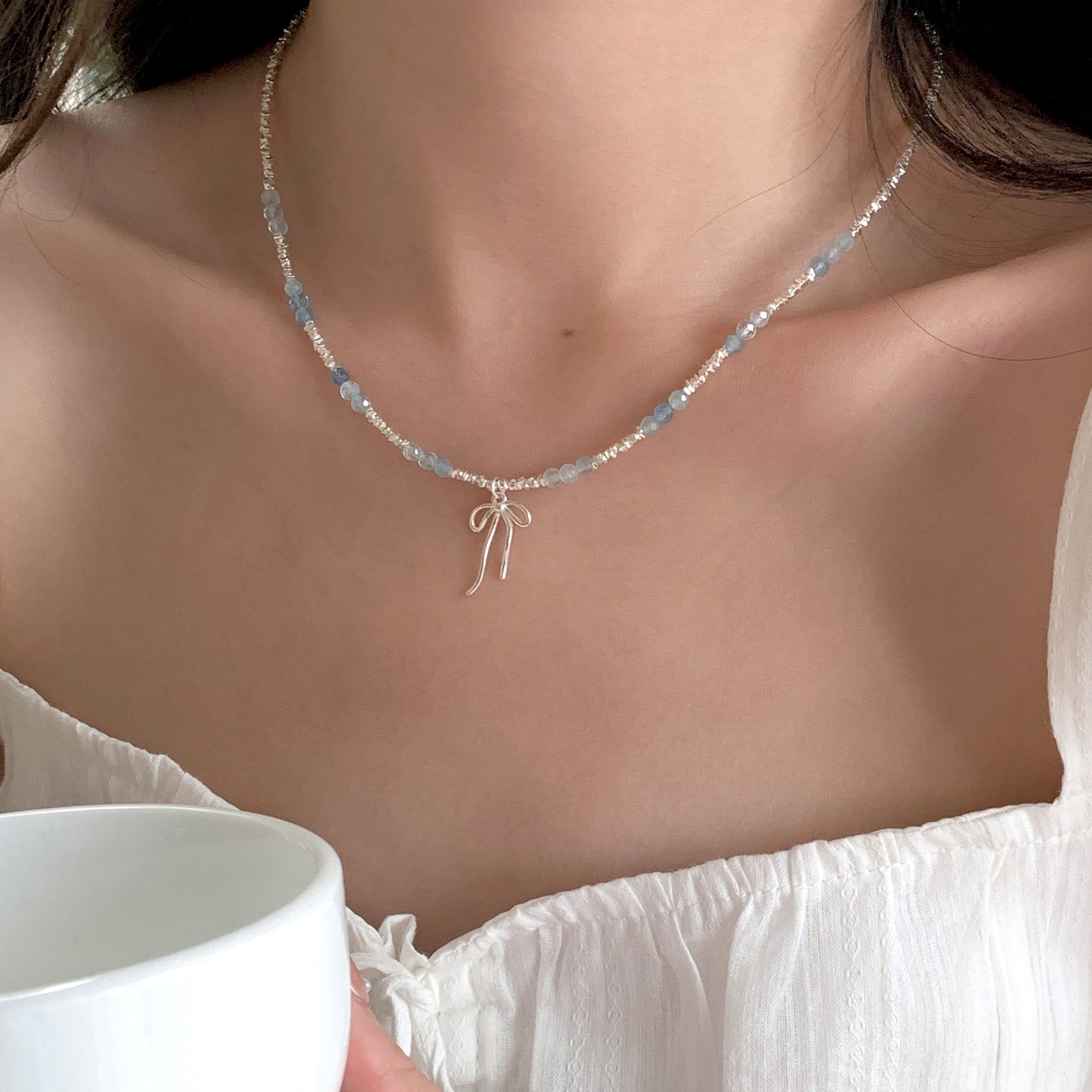 S925 sterling silver aquamarine necklace - silvery