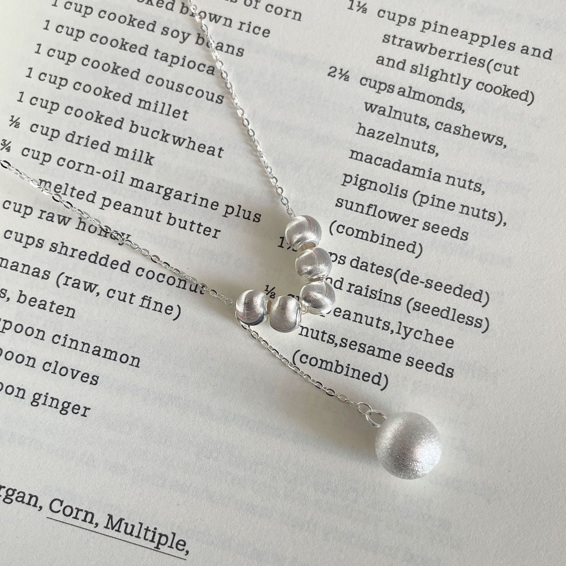S925 sterling silver round bead tassel pendant necklace - silvery