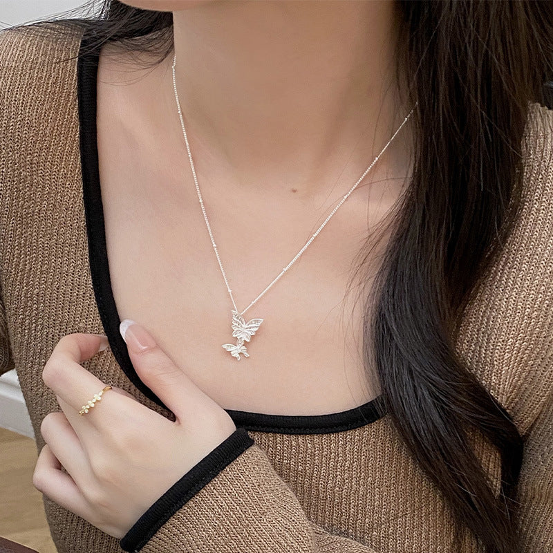 S925 sterling silver double butterfly necklace - silvery