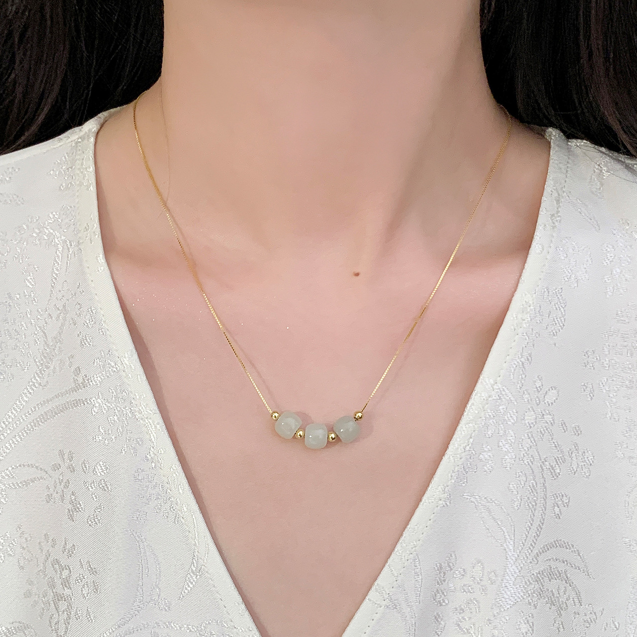 925 Sterling Silver Hotan Jade Necklace - Golden