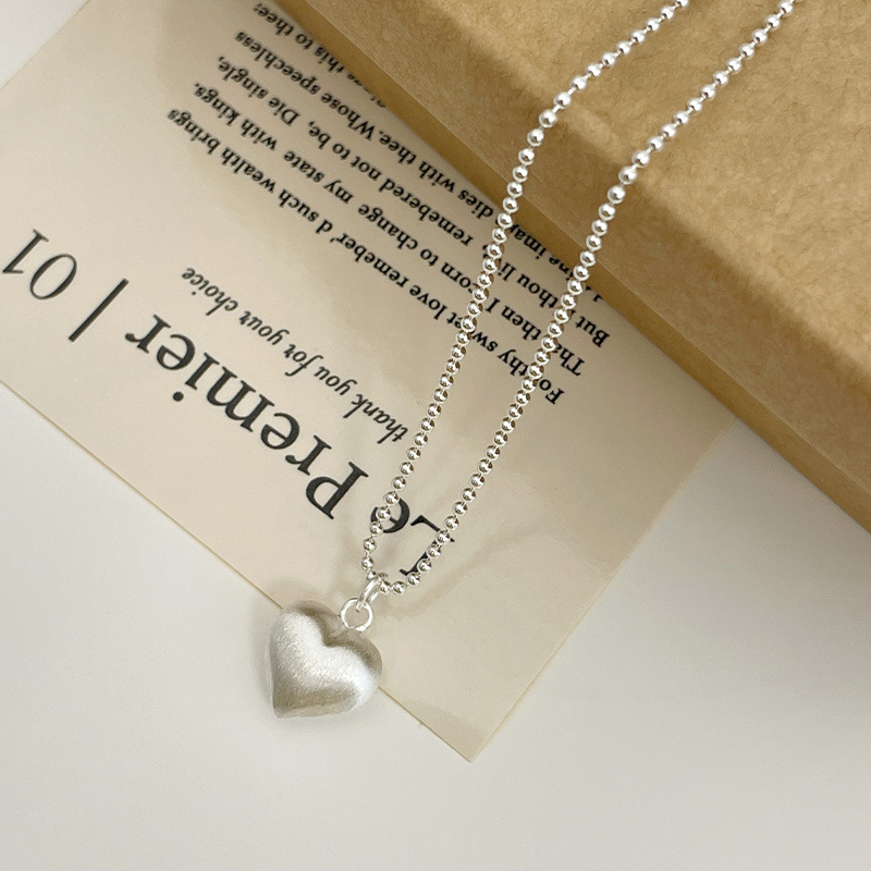  925 sterling silver heart-shaped pendant long necklace - silvery