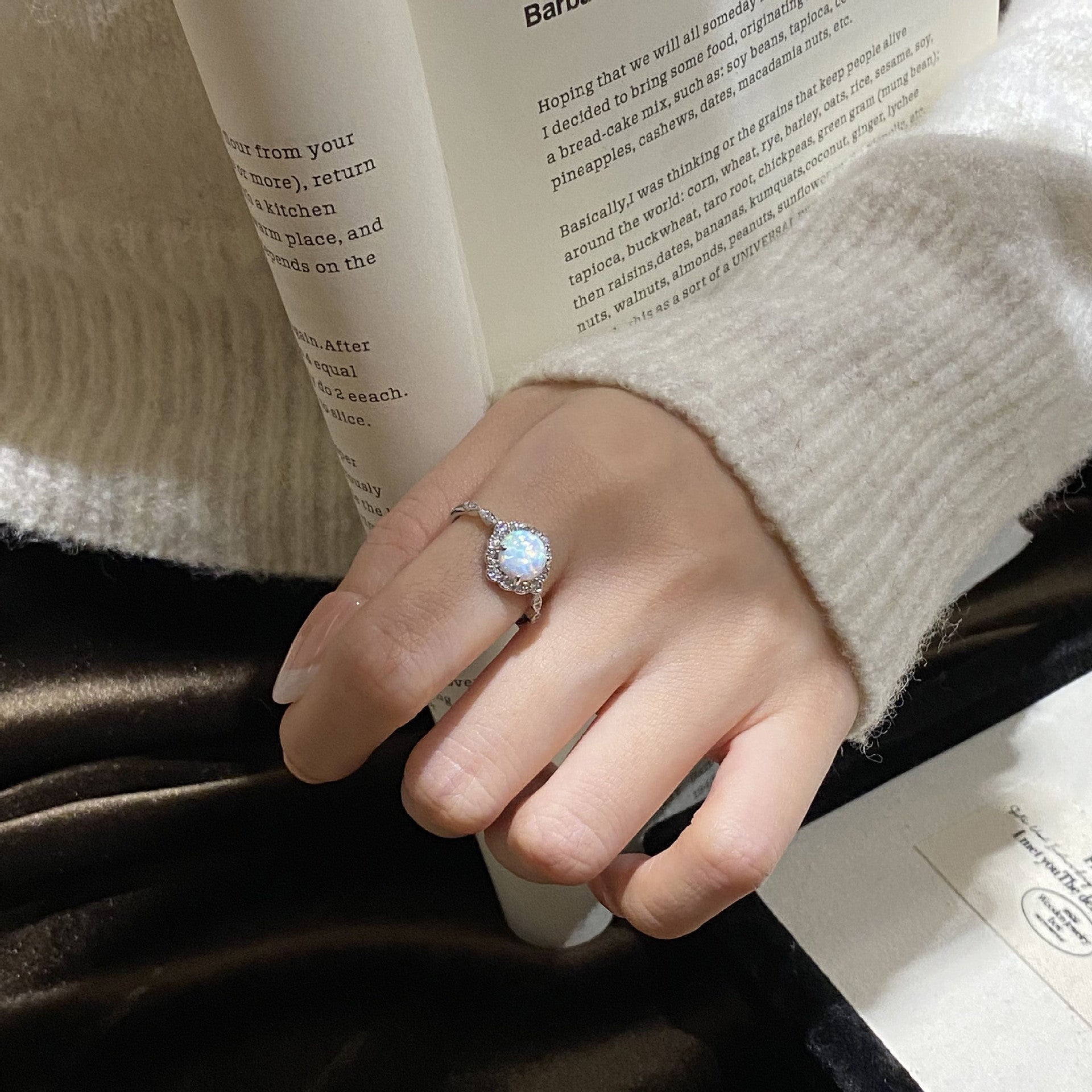S925 sterling silver sparkling zirconium opal ring - silvery