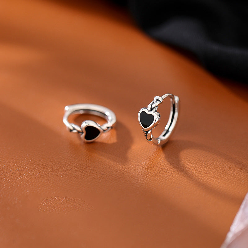 925 silver black heart-shaped ear buckle - silvery