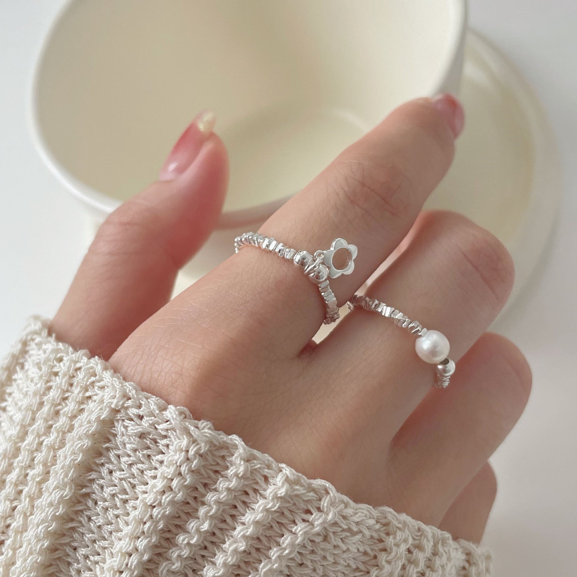 925 sterling silver elastic rope ring - silvery
