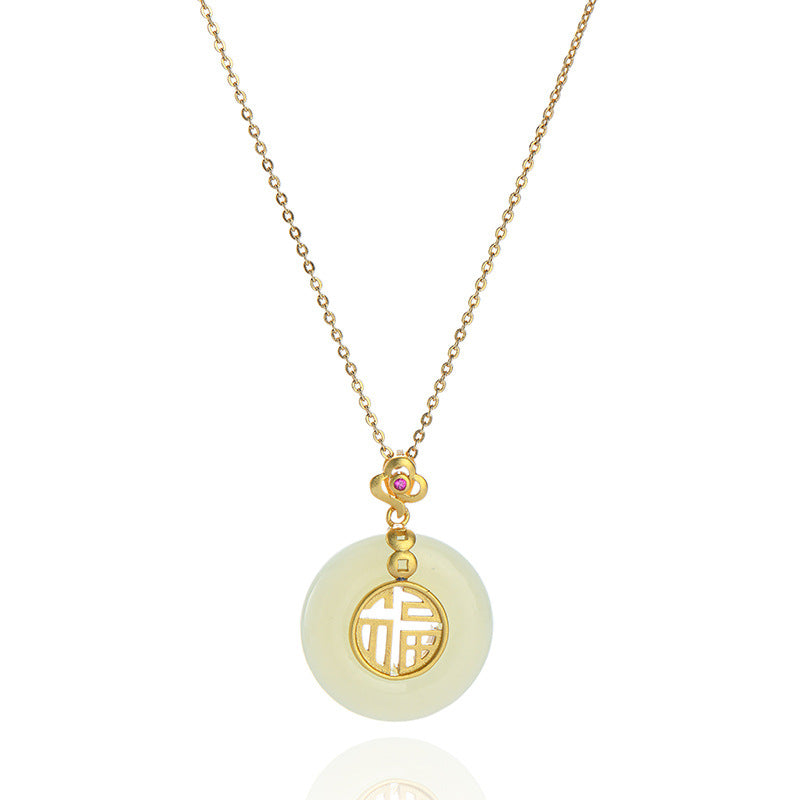 925 Sterling Silver Hotan Jade Pendant Necklace - Golden