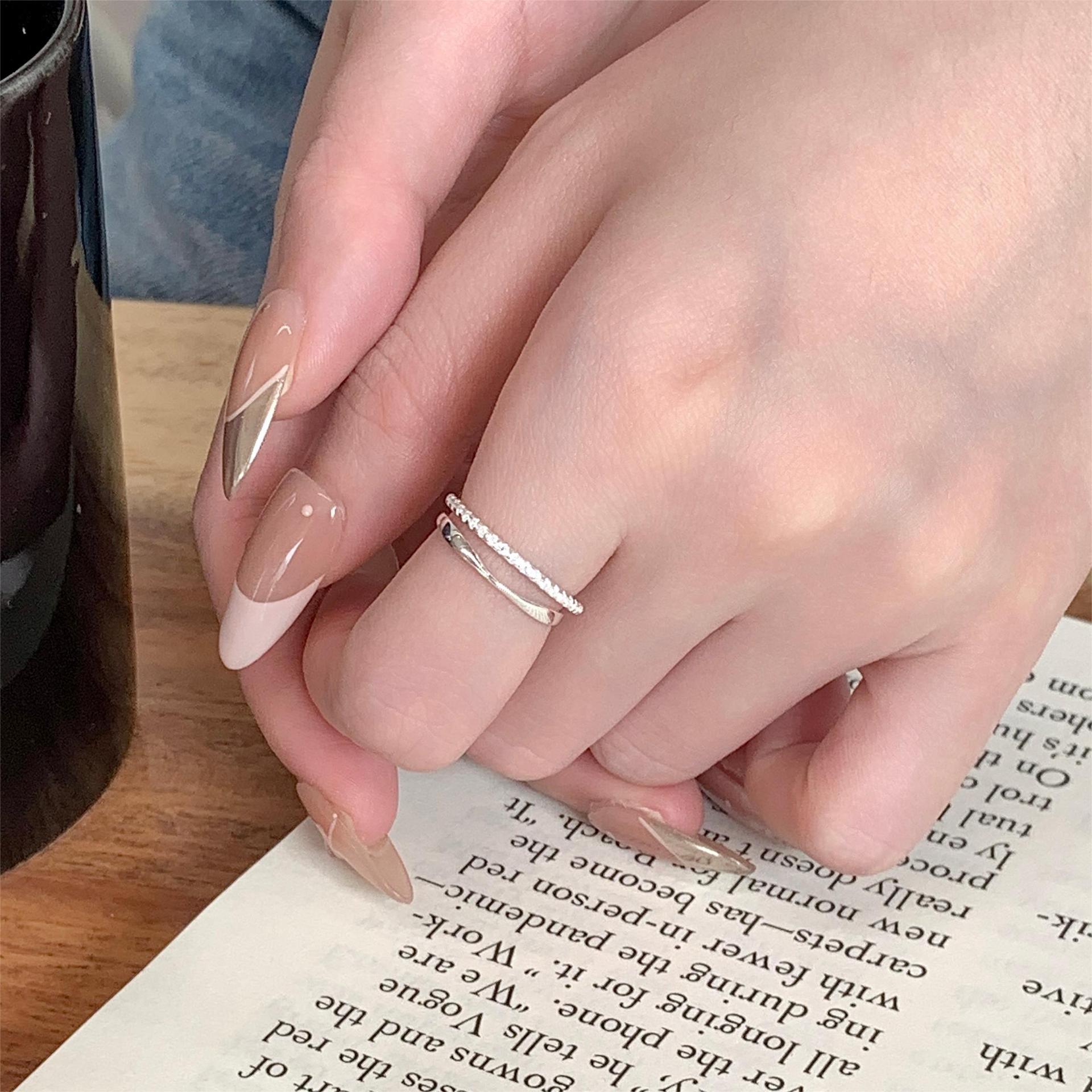 S925 Pure Silver Simple Double Layer Sparkling Zirconia Ring - Silvery