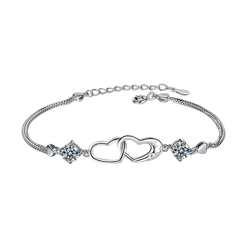 S925 Silver Moissanite Heart-Shaped Double-Ring Bracelet