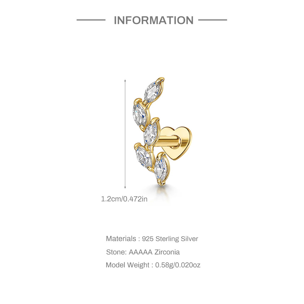 S925 Sterling Silver Heart-Shaped Stud Earrings with Marquise-Cut Zirconia and Flat-Back Threaded Posts