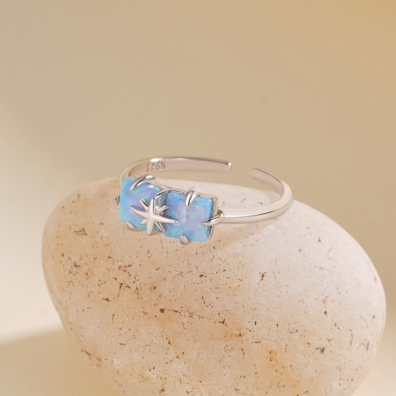 925 Sterling Silver Rectangular Opal Star Open Ring