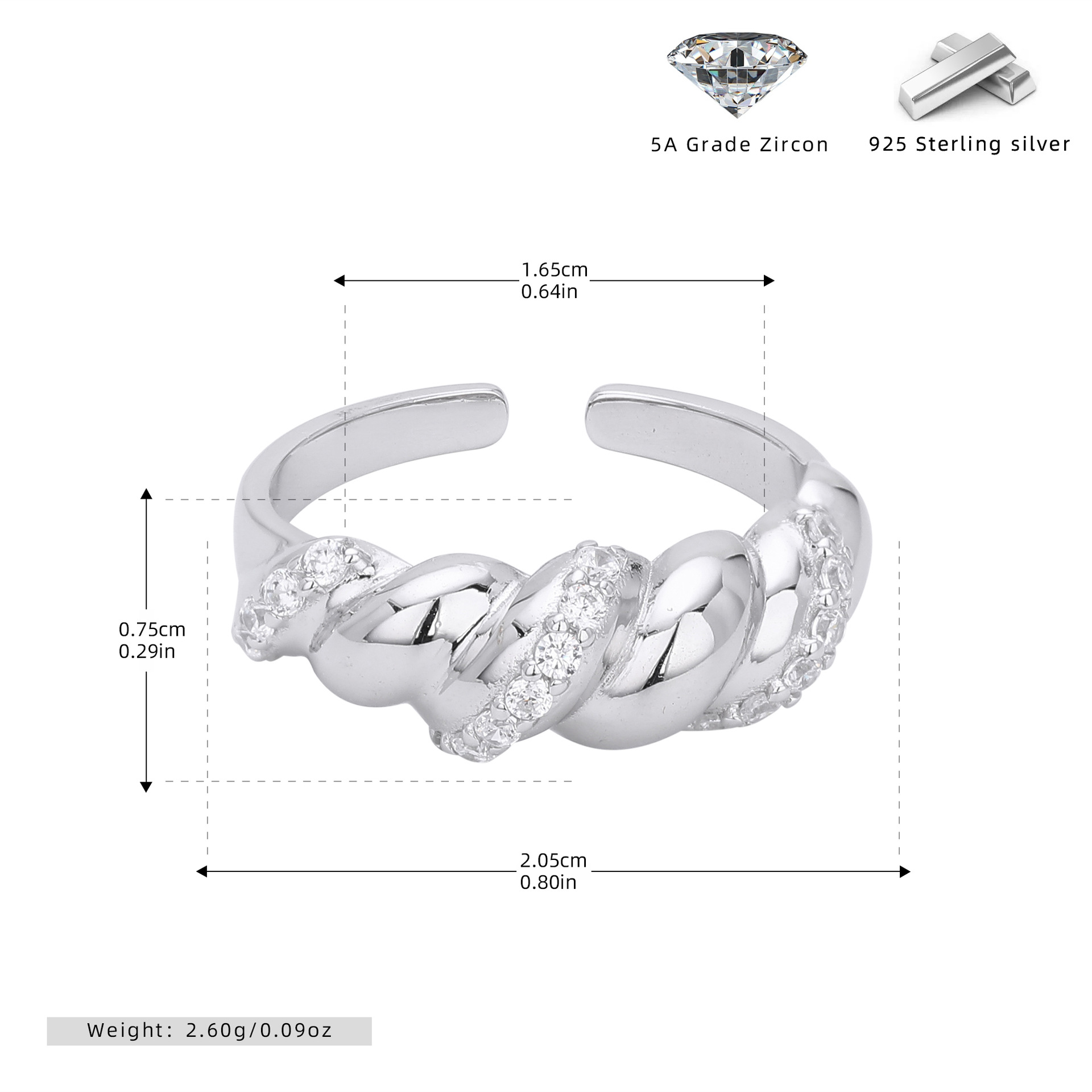 S925 Sterling Silver Ring with Zirconia Inlay, Croissant Braid Pattern
