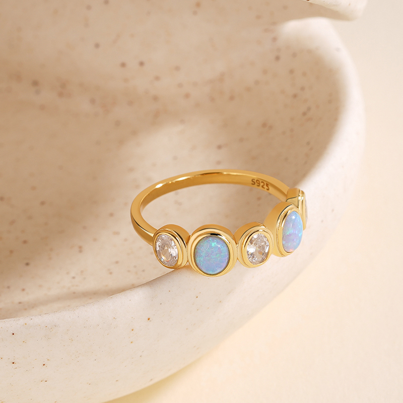 925 Sterling Silver Cabochon Opal and Zircon Ring