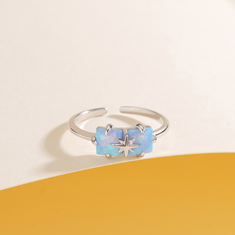 925 Sterling Silver Rectangular Opal Star Open Ring