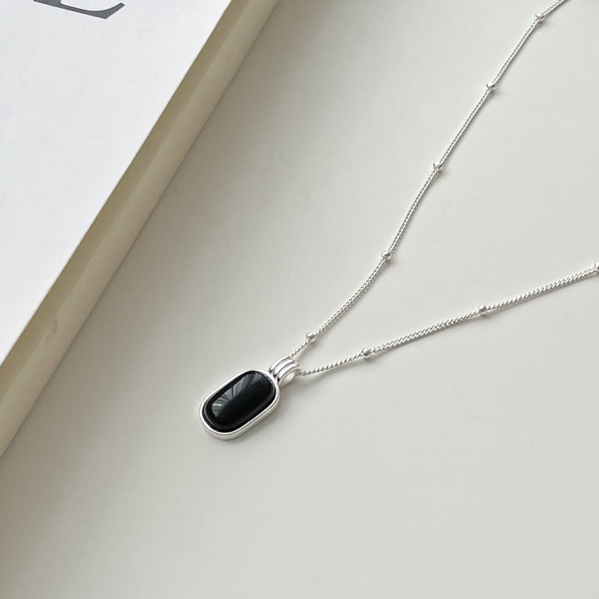 925 sterling silver black agate pendant necklace - silvery