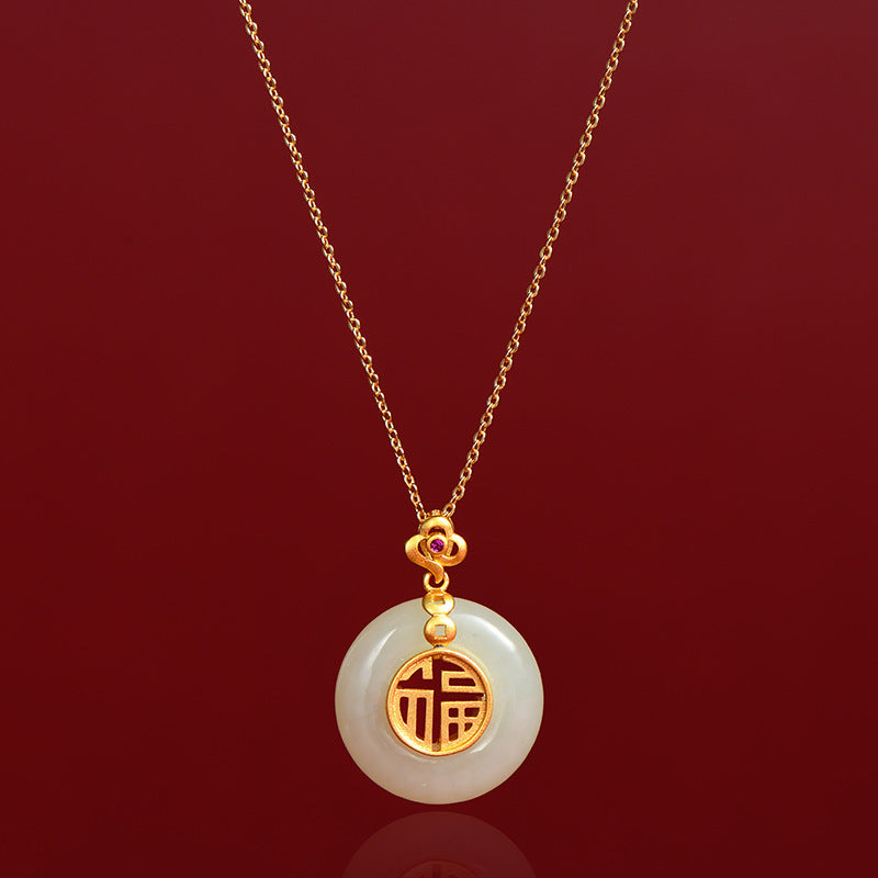 925 Sterling Silver Hotan Jade Pendant Necklace - Golden