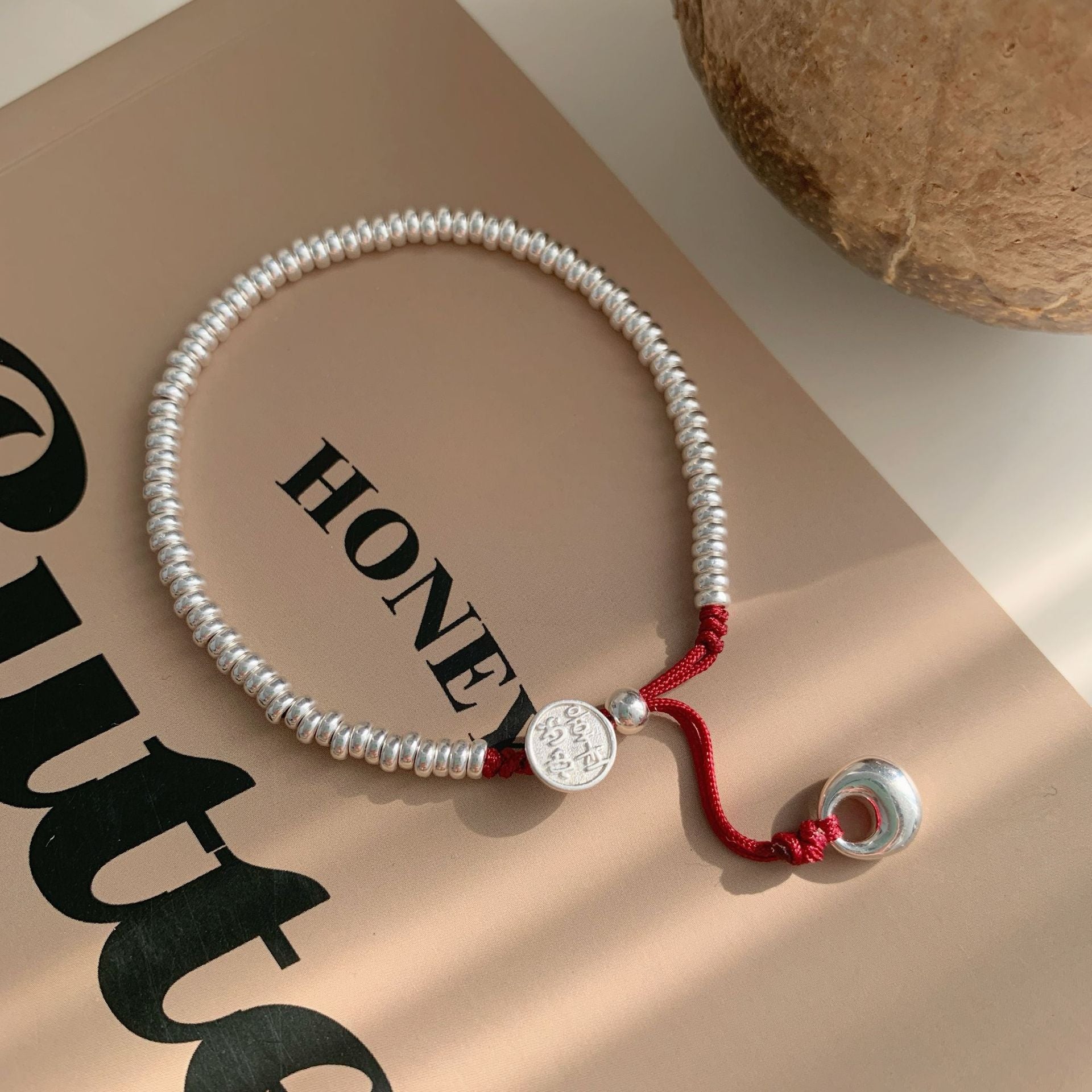 S925 sterling silver bead red string bracelet