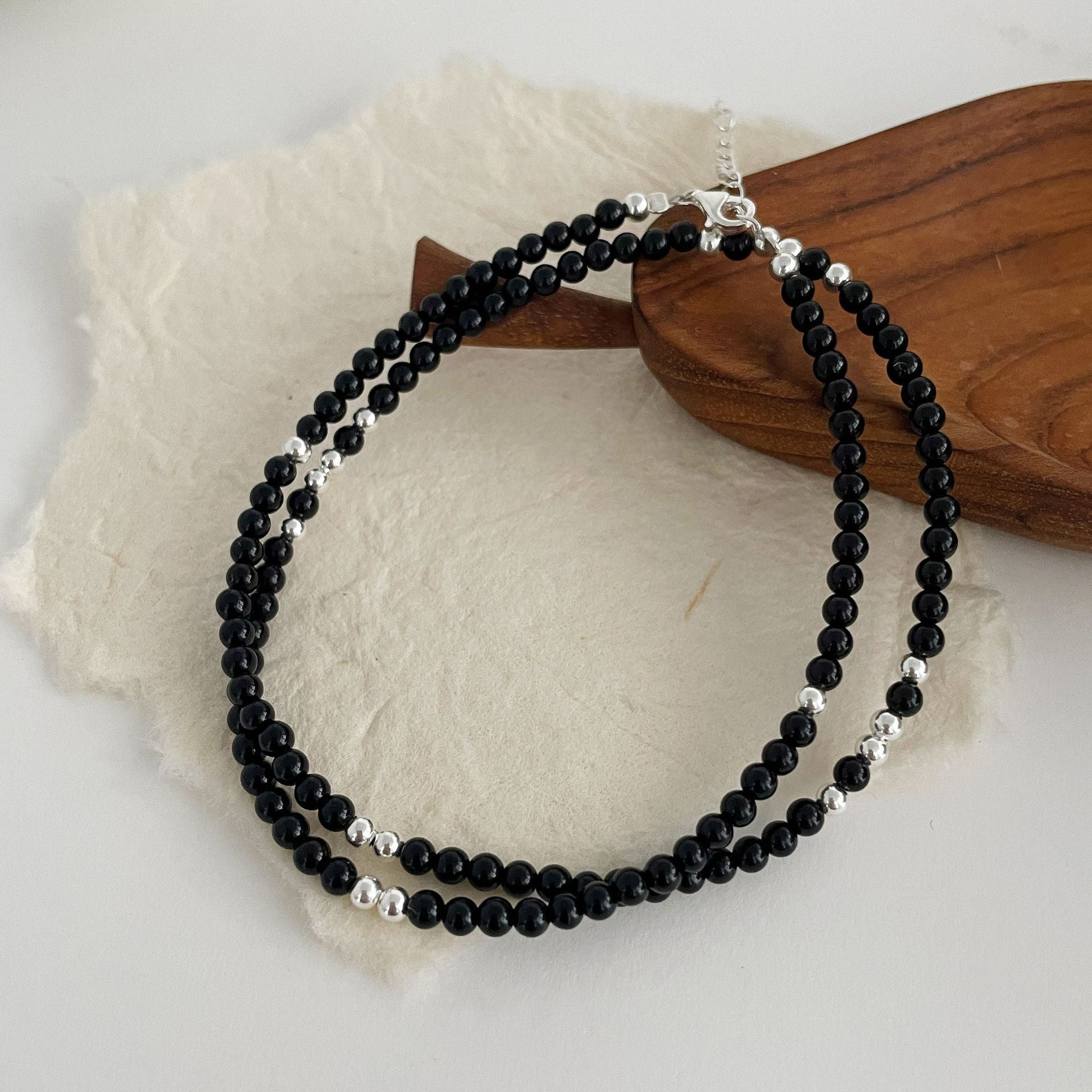 S925 sterling silver black agate bead necklace
