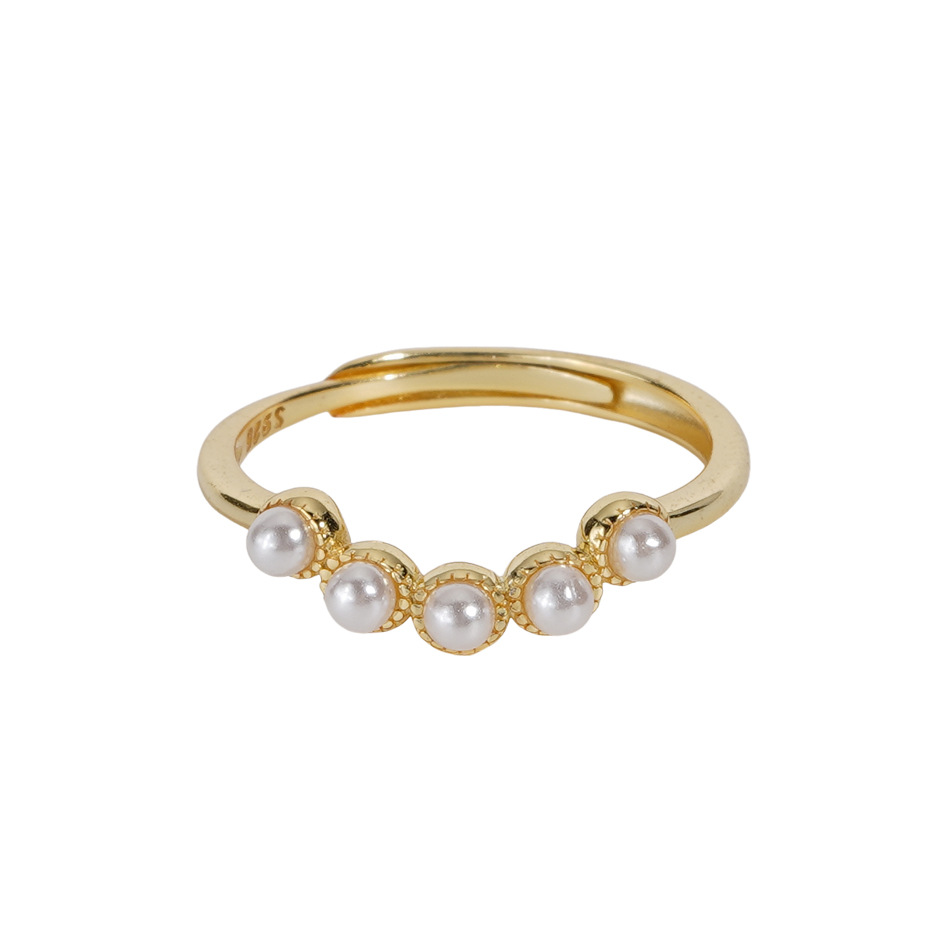 925 sterling silver imitation pearl opening ring - golden