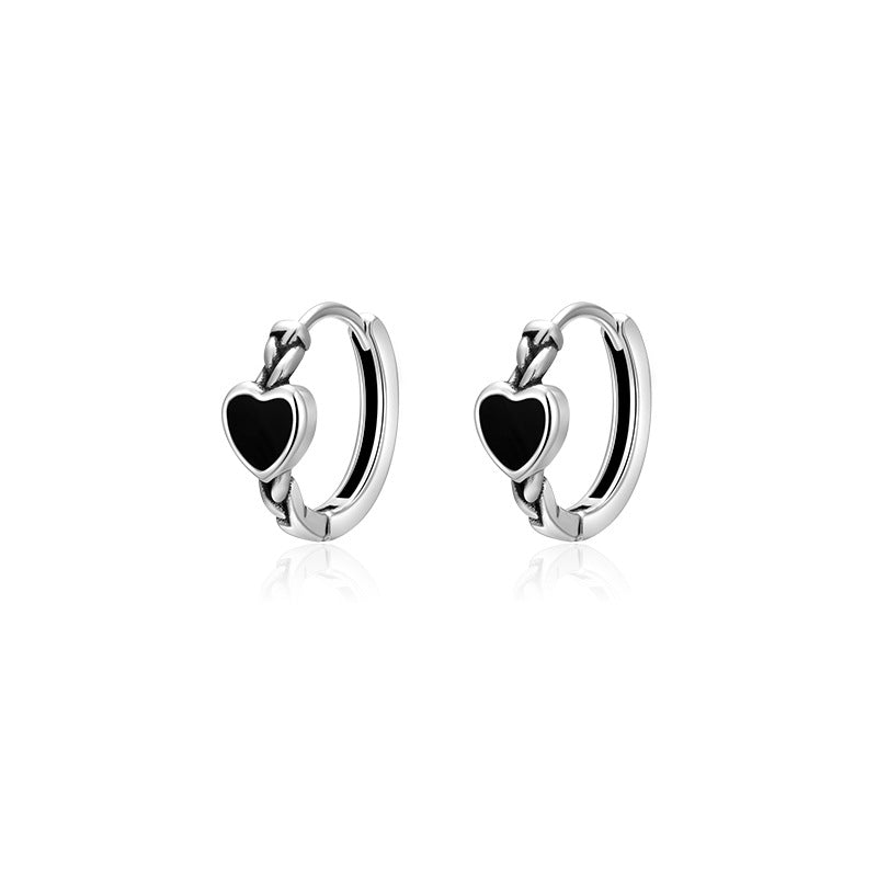 925 silver black heart-shaped ear buckle - silvery
