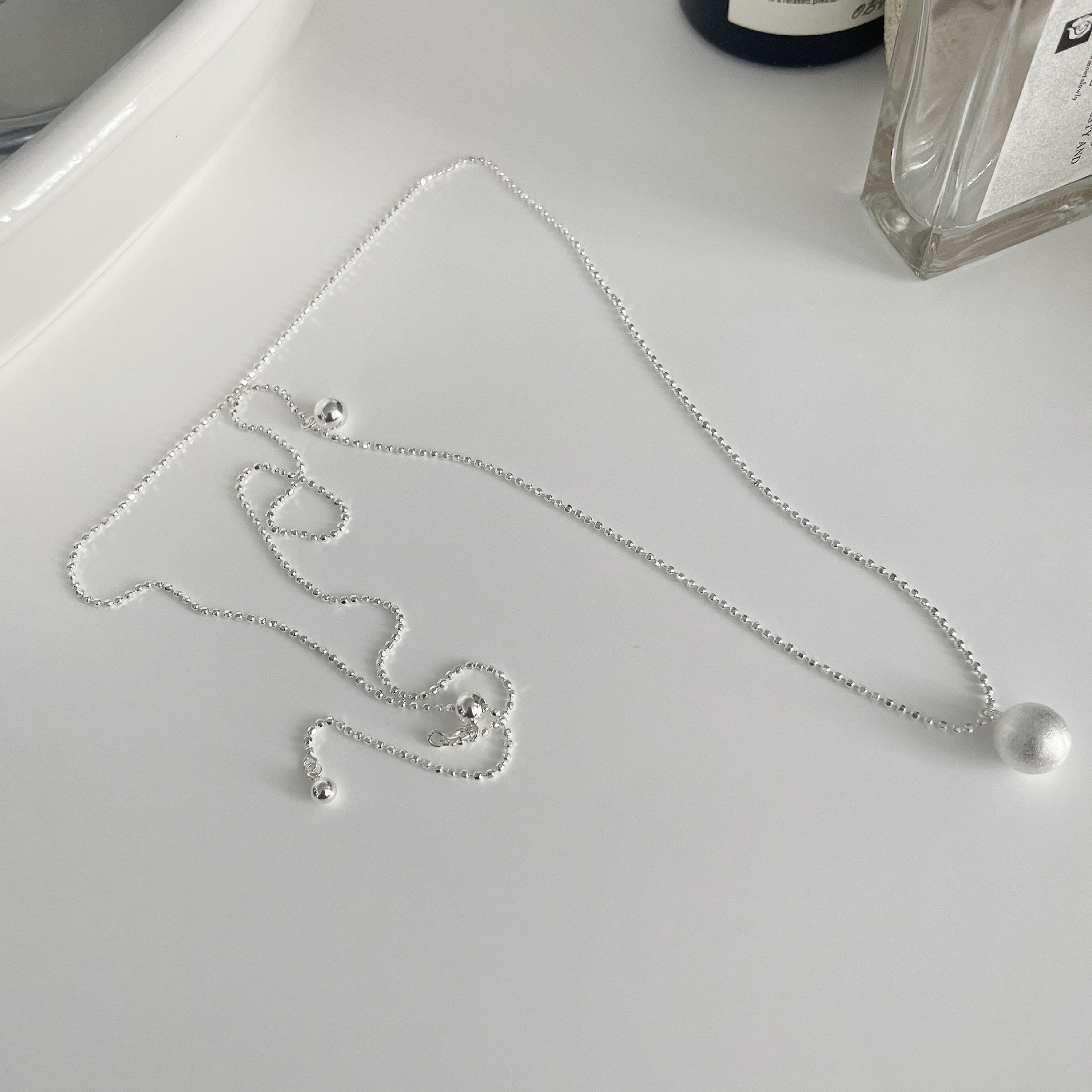 S925 sterling silver round ball pendant long necklace