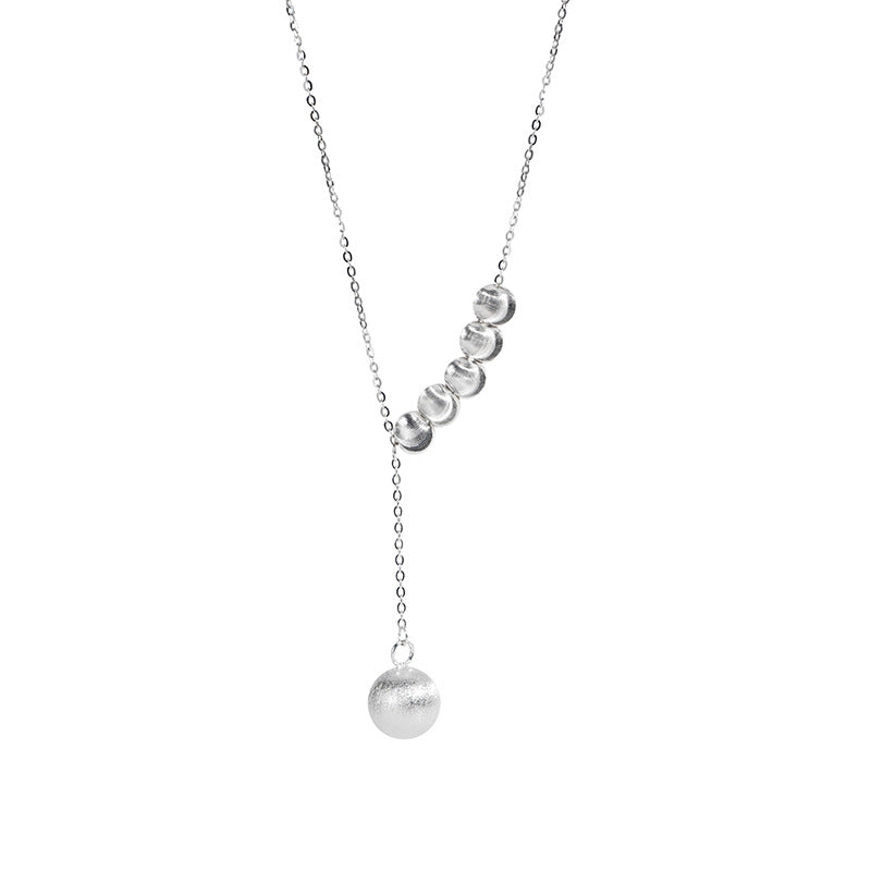S925 sterling silver round bead tassel pendant necklace - silvery