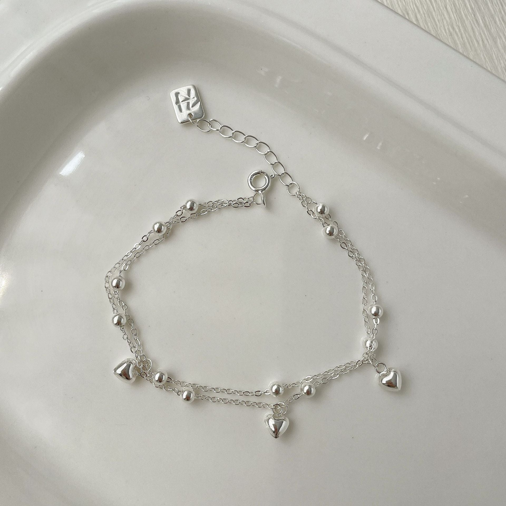 925 Silver Double layered Heart Pendant Bracelet - Silvery